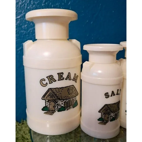 1970's Plastiques Inc Cream, Sugar, Salt, & Pepper Kitchen Set Vintage White - Picture 3 of 12